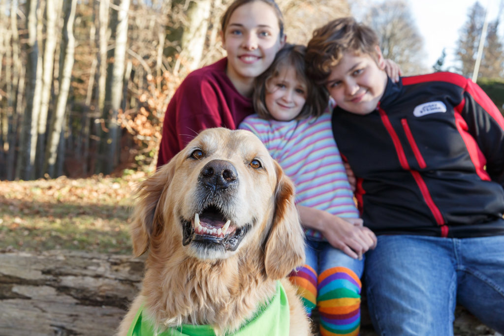Hund Timber im Vordergrund - dahinter 3 lachende Kinder
