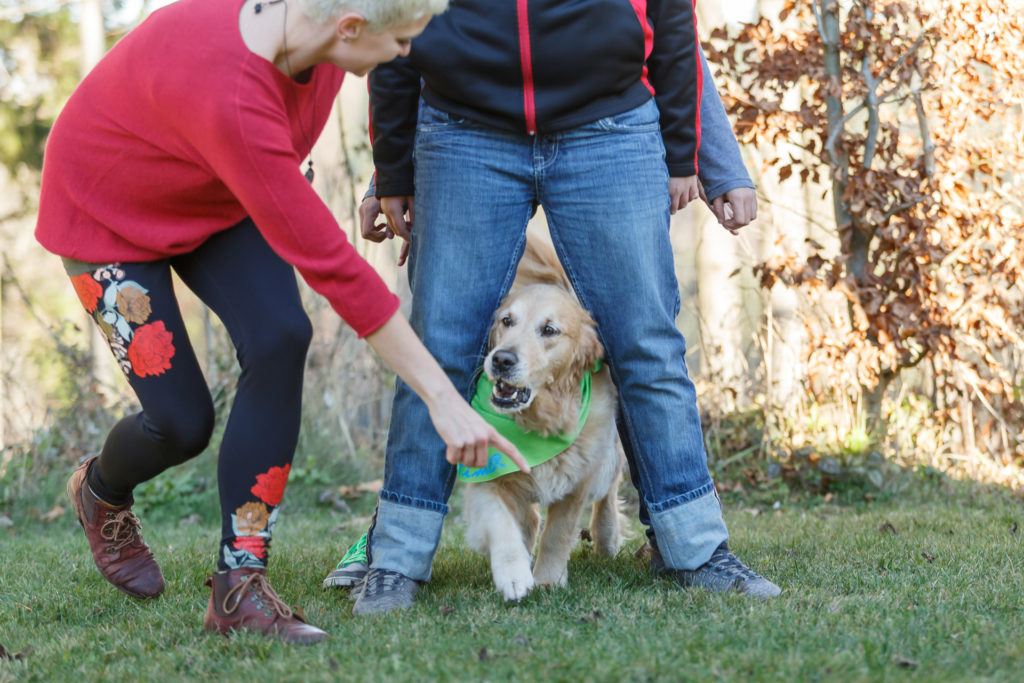Hund Timber läuft durch die Beine von Jugendlichen